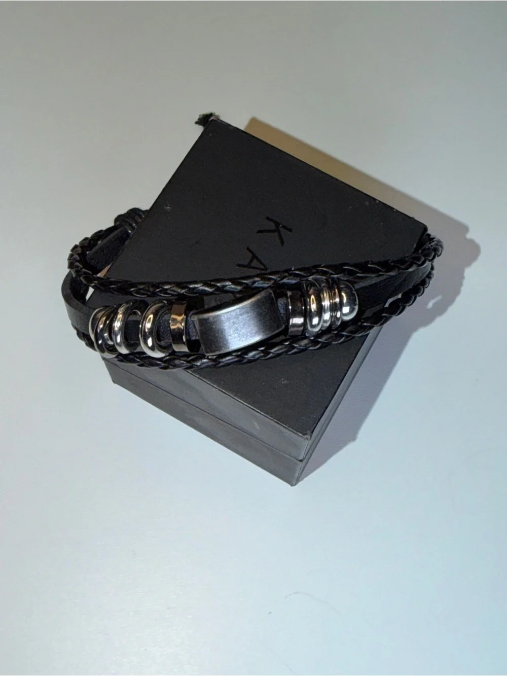 Men's Black Braided Leather Bracelet with Metallic Accents